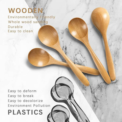4 PCS Wooden Spoons for Honey, 6.7 inch Small Wooden Spoons - Terrific for Tea, Coffee & Soup, Little Schima Wood Serving Table Spoon Set, Bulk Bamboo Teaspoon for Eating with Unique Design