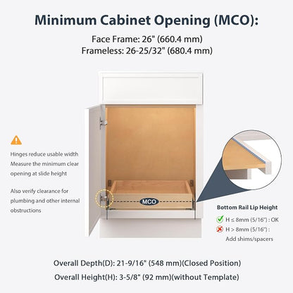 Pull Out Drawers for Kitchen Cabinets 26" W x 21" D Birch Wood | Pull-Out Cabinet Drawer, Slide Out Shelf, Concealed Soft-Close Full-Extension Slides, Bottom & Side Mount, 80 lb Heavy-Duty