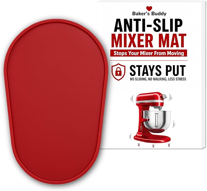 Baker's Buddy Anti-Slip Stand Mixer Mat for KitchenAid Select Bowl-Lift 5–8 Qt Mixers – Silicone Base Pad for Heavy Dough Kneading, Reduces Walking, Vibration & Noise, Red