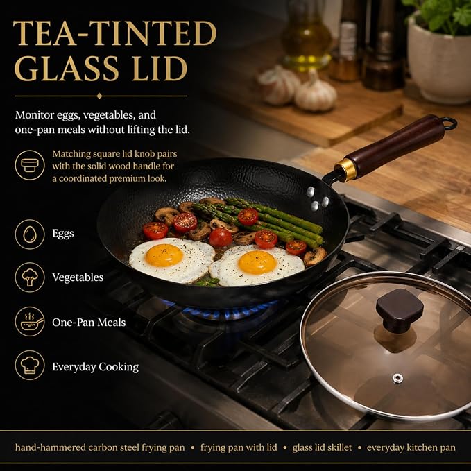 Calmabode 10.5” Hand-Hammered Carbon Steel Skillet with Glass Lid | Pre-seasoned coating-free carbon steel, flared rim, flat bottom, induction compatible, ideal for steak, eggs and searing