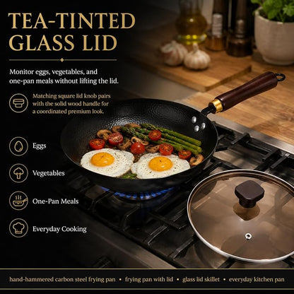 Calmabode 10.5” Hand-Hammered Carbon Steel Skillet with Glass Lid | Pre-seasoned coating-free carbon steel, flared rim, flat bottom, induction compatible, ideal for steak, eggs and searing