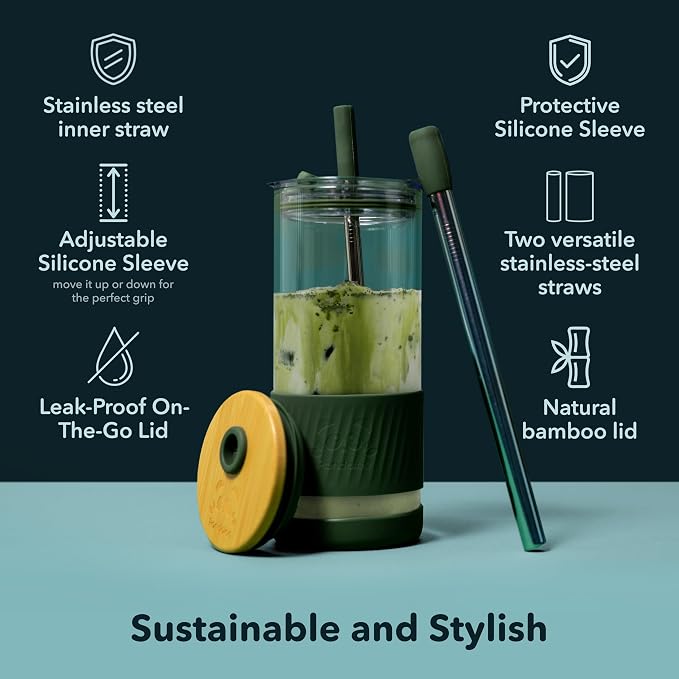 Pandaloo® Glass Cups With Lids and Straws -20 Fl Oz- Perfect Size Iced Coffee Cup - Smoothie Cup With Bamboo Lid and On the go Lid - Glass Tumbler (2 Count (Pack of 1), Coton White-Intense Teal)