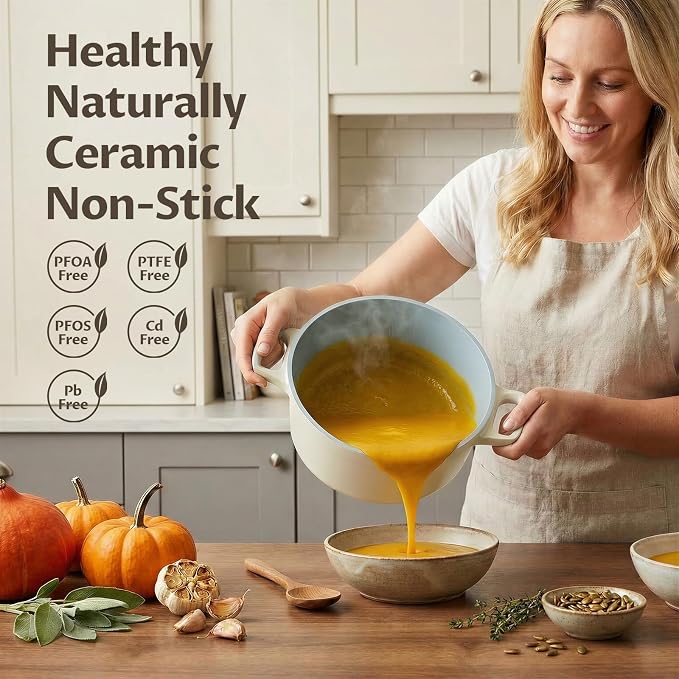BEZIA 5.7 Quart Nonstick Ceramic Dutch Oven Style Stock Pot with Lid, Lightweight Die-Cast Aluminum Cooking Pot for Family Stew & Braising, Induction Ready Soup Pot, Oven Safe, Serves 3-5 People