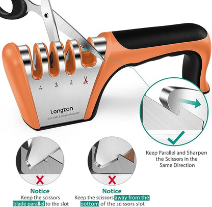 Longzon 5-in-1 Knife Sharpener 4 Stage with Cut-Resistant Glove, Quickly Sharpens & Restores Dull Blades, Easy & Safe for Home Kitchen Use, Fits Most Knives and Scissors, Black+Orange