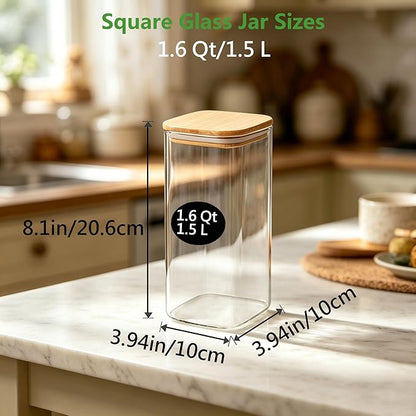 VIEWELLD 1.6 Qt Square Glass Storage Containers with Lids, Clear Food Storage Container Jar with Sealing Bamboo Lid for Noodles Flour Cereal Rice Sugar Tea Coffee Beans,Square Set of 3