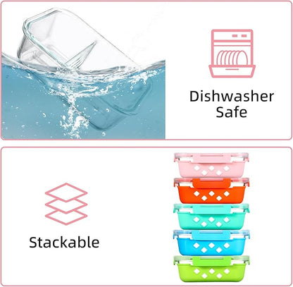 Divided Glass Storage Containers with Silicone Sleeve for Lunch, Glass Meal Prep Containers 2 Compartment with Lids (5 Pack, 34oz), Leak-Proof Portion Control Food Containers, Dishwasher Safe