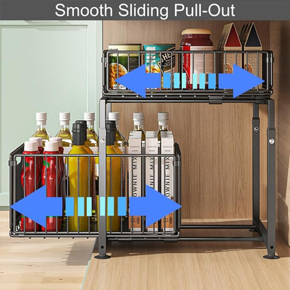 Under Sink Organizer, 2-Tier Multi-Use Kitchen and Bathroom Organizers and Storage, Slide Out Thickened Metal Under The Sink Organizer for Kitchen Bathroom Pantry (Style A Black, 1 Pack)