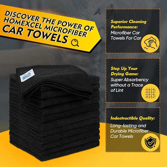HOMEXCEL Black Microfiber Cleaning Cloth 400 Pack, 11.5 x 11.5 inch Bulk Shop Towels | Reusable Cleaning Rags for Cars, Kitchen, Window, Garage and House, Ultra Absorbent, Lint Free, Streak Free