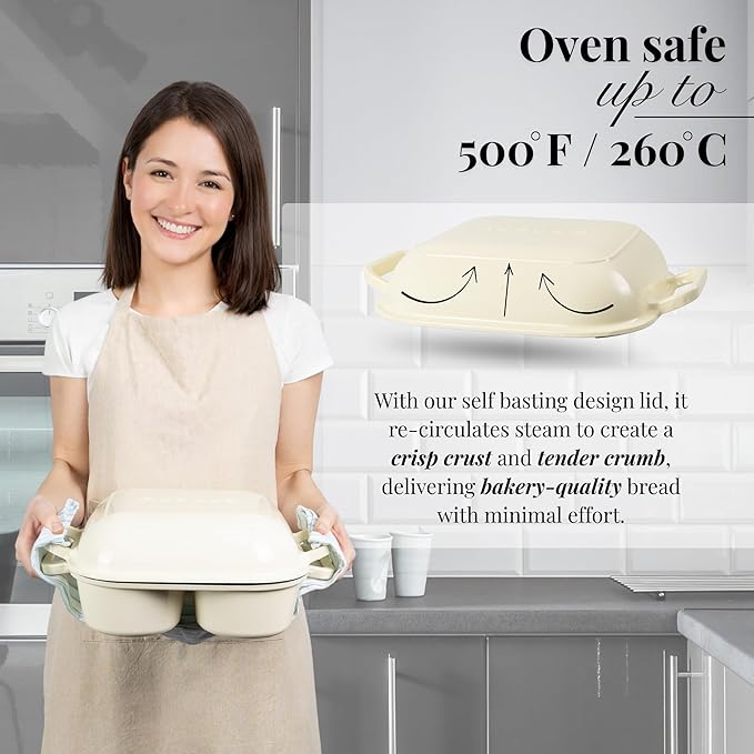 QuadPro Enamelled Cast Iron Bread Loaf Pot – Dutch Oven for Sourdough Bread Baking – 500°F Oven Safe Non Stick Bread Pot – 4 Round Loaf Spaces (4.90-inch Diameter), Cream – by Nuovva
