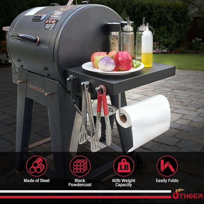 Utheer Grill Side Shelf for Pit Boss Lexington 540, Lexington 500 Onyx, PB440D2, PB440FB1 Wood Pellet Grills, Heavy Duty BBQ Prep Station with Paper Towel Holder & Tool Hooks