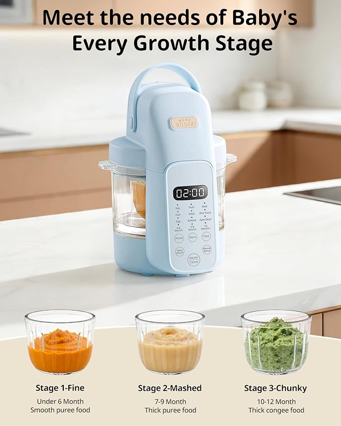 SosekiBaby FM01 Baby Food Maker with Glass Bowl One Step Baby Blender-Food Processor and Steamer Puree Grinder 316L Stainless Steel Blades Auto Cooking & Easy Cleaning-BPA-Free Blue