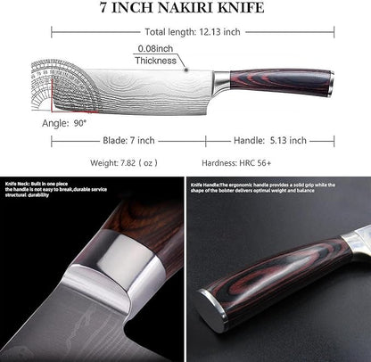 Nakiri Kitchen Knife 7" - Super Sharp Vegetable Knife, High Carbon Stainless Steel Meat & Veggie Cleaver with Gift Box, Ergonomic Non-slip Handle, Ideal Housewarming Gift