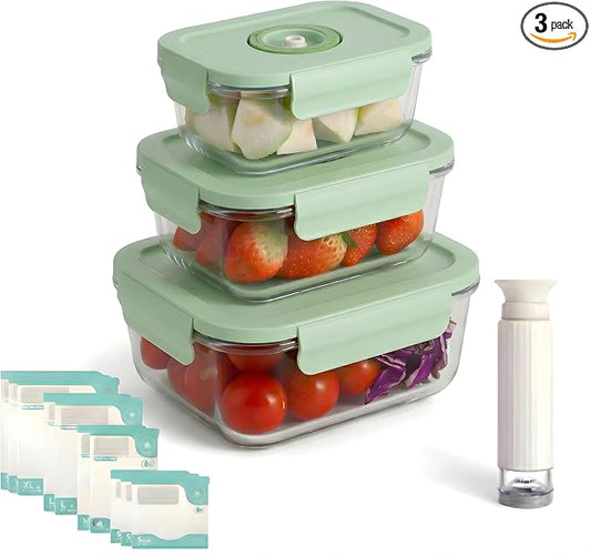 Glass Vacuum Sealable Container Set, 3 Rectangular Containers, 10 Bags, Hand Pump