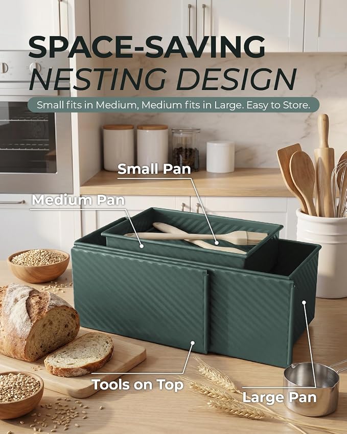 CARTMAN 3-Piece Pullman Loaf Pan with Lid Set – Non-Stick Carbon Steel Bread Pan with Bottom Vents – Includes Large (12"), Medium (8") & Mini (7") Sizes plus Silicone Tools – Sage Green
