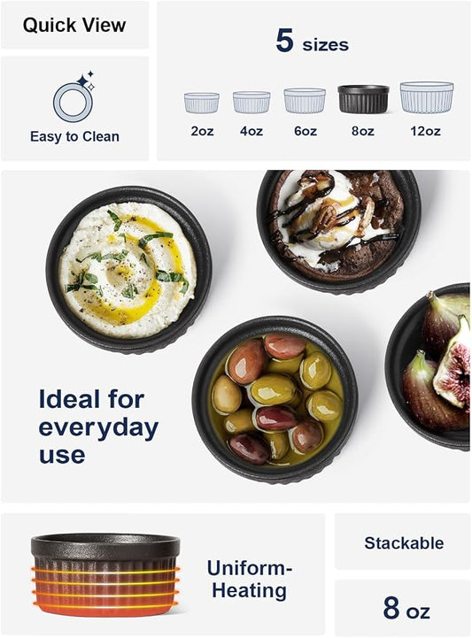 LE TAUCI Ramekins 8 OZ Oven Safe, Creme Brulee Ramekins, Pudding Custard Cups Souffle Ramiken, Dipping Sauce Dishes, Ceramic Ramekin Bowls Set of 6, Crude Black