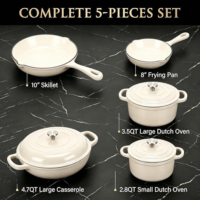 Nonstick Enameled Cast Iron Cookware Set - 8 Piece Pots and Pans with Lid, Frying Pan, Skillet, Dutch Oven Set for All Stovetops, Ideal for Sourdough Bread Baking, Cream White