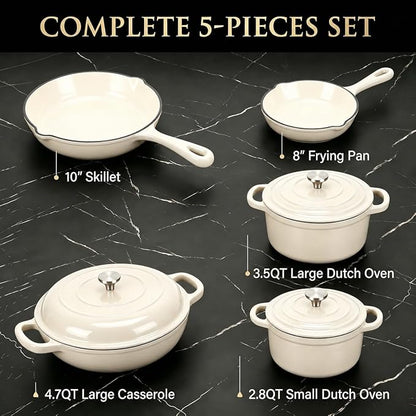 Nonstick Enameled Cast Iron Cookware Set - 8 Piece Pots and Pans with Lid, Frying Pan, Skillet, Dutch Oven Set for All Stovetops, Ideal for Sourdough Bread Baking, Cream White