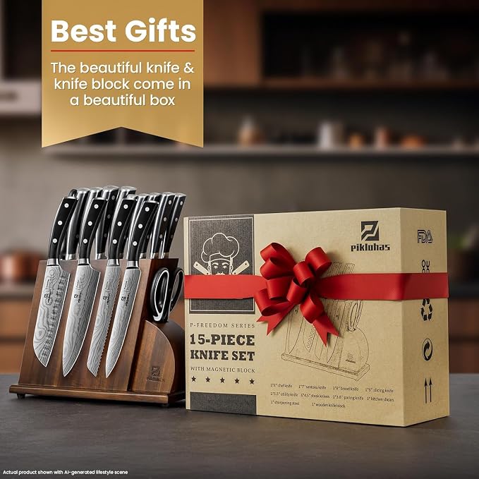 15 PC Magnetic Knife Sets for Kitchen with Block, Kitchen Knife Set Made of German High Carbon Stainless Steel Damascus Pattern as Gift for Couple, Wedding, Women or Mom with Gift Box
