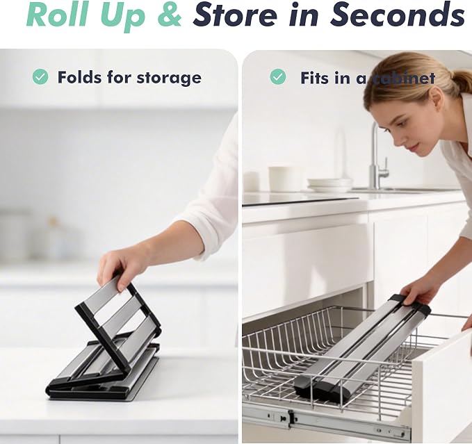 Roll Up Dish Drying Rack Over The Sink, Stainless Steel Collapsible Dish Drainer Rack for Kitchen Sink, Non-Slip Heat Resistant Space Saving Sink Drying Rack, 17.7" x 12.8"