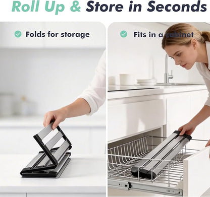 Roll Up Dish Drying Rack Over The Sink, Stainless Steel Collapsible Dish Drainer Rack for Kitchen Sink, Non-Slip Heat Resistant Space Saving Sink Drying Rack, 17.7" x 12.8"