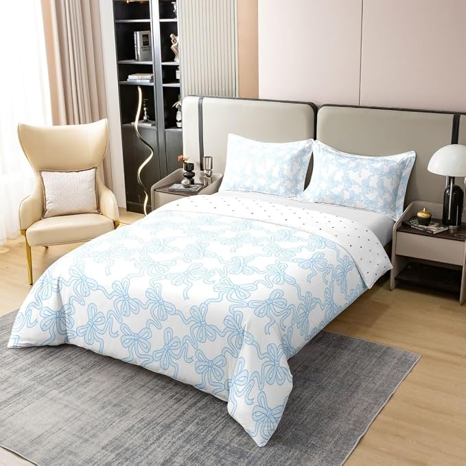 Castle Fairy 100% Nature Cotton Blue Bowknot Duvet Cover Set (No Comforter) Coquette Bowtie Ribbon Comforter Cover Set Twin Size with 1 Pillowcase Dreamy Princess Style Cute Bow Bedding Set