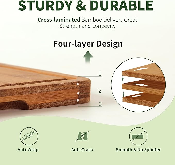 BAMBANG Bamboo Cutting Board, Dark Carbonized Chopping Boards Set of 3 with Stand, Butcher Block with Deep Juice Groove, Non-Toxic Wooden Cutting Boards for Kitchen Meal Prep & Serving