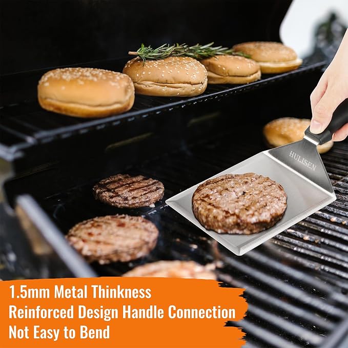 HULISEN Stainless Steel Spatula 2 pcs, 6 x 5 Inch Large Metal Spatula with Cutting Edges, Griddle Spatula for Smashed Burger, Essential Flat Top Grill Accessories, Grill Spatula for Outdoor Grill