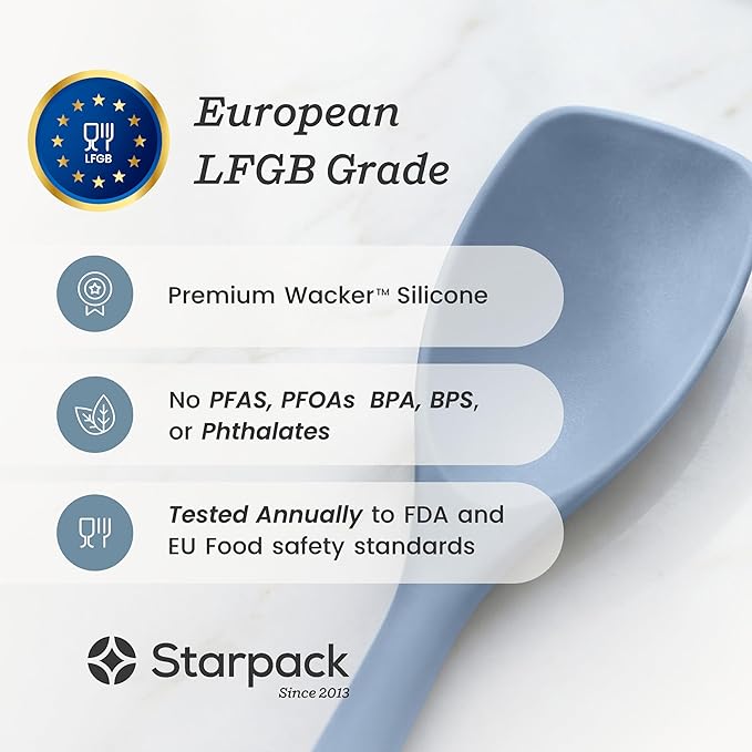 StarPack XL Spoonula The All-Rounder 13.5 Inch - LFGB Silicone Spoon Spatula, 600°F Heat Resistant, BPA-Free - One-Piece Seamless, Dishwasher Safe - for Nonstick Cookware and Deep Pots, Light Blue