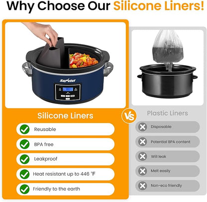 Programmable Slow Cooker, Multi-Cooker with 2 in 1 Silicone Slow Cooker Liners, 6 QT Food Warmer with Digital Timer, 3 Adjustable Temp & Dishwasher Safe Parts, Stainless Steel, Blue
