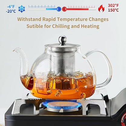 DOPUDO 24 Pack 40OZ (1200ML) Glass Teapot with Infuser Stovetop Safe, Clear Glass Tea Pot Kettle, Borosilicate Tea Pot with Infusers Filter for Loose Tea, Tea Kettle Dishwasher Safe