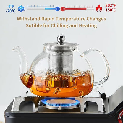 DOPUDO 41OZ (1200ML) Glass Teapot with Infuser Stovetop Safe, Clear Glass Tea Pot Kettle, Borosilicate Tea Pot with Infusers Filter for Loose Tea, Tea Kettle Dishwasher Safe