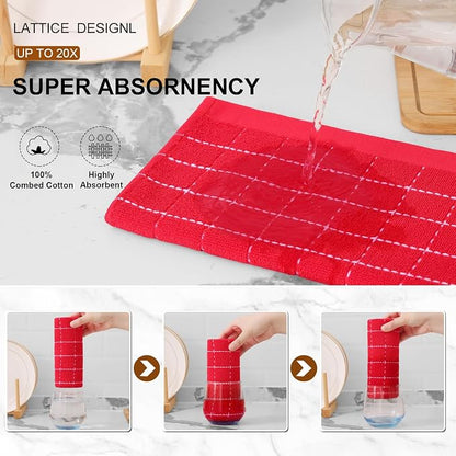 Mordimy 100% Cotton Terry Cloth Kitchen Towels, Super Soft and Absorbent Dish Towels for Drying, Checkered Designed Hand Towels for Kitchen, 16 x 26 Inches, 4 Pack, Red
