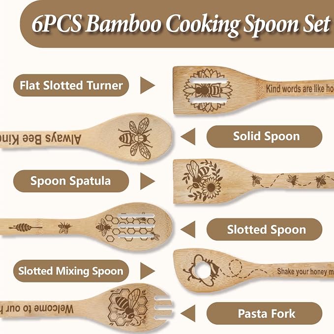6Pcs 6 Styles Bee Cooking Utensils for Kitchen 11.8 x 2.4 Inch Bamboo Kitchen Spoons Durable Wood Spoons Set for Housewarming Wedding Birthday Gift Farmhouse Apartment Decor Accessories