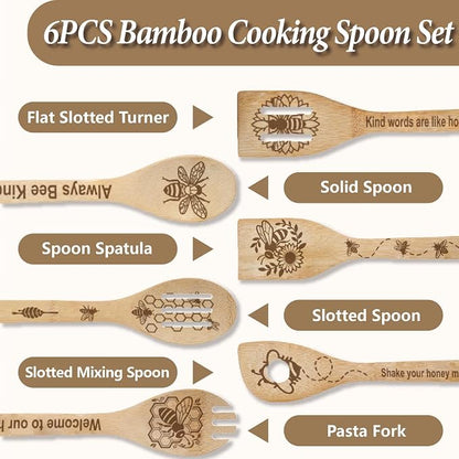 6Pcs 6 Styles Bee Cooking Utensils for Kitchen 11.8 x 2.4 Inch Bamboo Kitchen Spoons Durable Wood Spoons Set for Housewarming Wedding Birthday Gift Farmhouse Apartment Decor Accessories