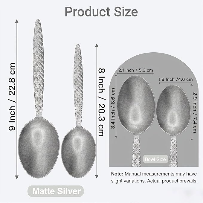 Kunz Spoons - Professional Chef Spoon Set for Basting, Plating, Quenelle, Serving, Sauces| Vintage-inspired 8" & 9" Spoon Set| Culinary Plating Tools with Non-Slip Grip (Matte Silver)