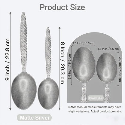 Kunz Spoons - Professional Chef Spoon Set for Basting, Plating, Quenelle, Serving, Sauces| Vintage-inspired 8" & 9" Spoon Set| Culinary Plating Tools with Non-Slip Grip (Matte Silver)