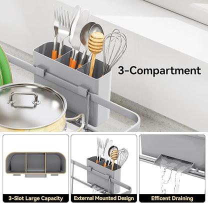 TOOLF Dish Drying Rack, Dish Racks for Kitchen Counter, Stainless Steel Sink Organization and Storage Essentials with Cutlery Holder, Dish Drainer, Home and Apartment Decor, 12.4''W x 16.5''L, Gray