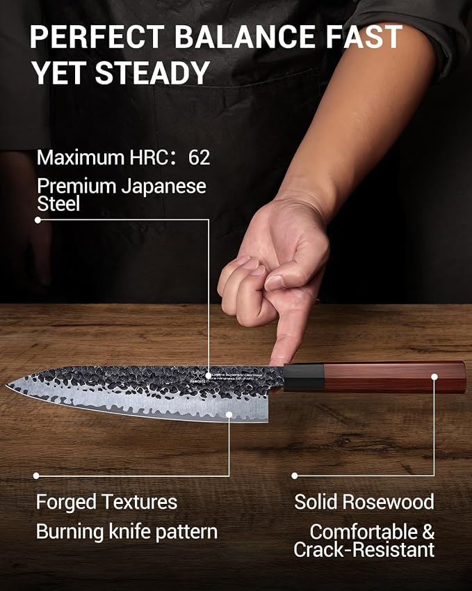FAMCÜTE 8 Inch Japanese Knife, Hand Forged 5 Layers High Carbon 9CR18MOV Steel Rosewood Handle Chef Knife, Ultra Sharp Durable Professional Kitchen Knife, A Thoughtful Father Day Gifts for Men