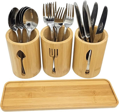 Bamboo Cutlery Holder Set - 3 Kitchen Utensils Holder Organiser with Bamboo Tray | Decorative Kitchen Countertop Stand | Knife, Fork and Spoon Holders