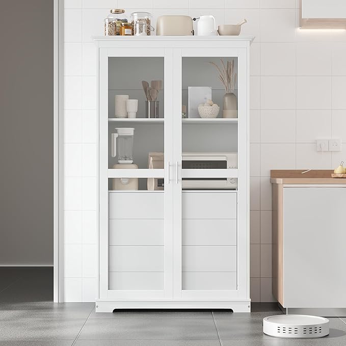 VilroCaz 75'' Tall Kitchen Pantry, Wood Freestanding Kitchen Storage Cabinet Display Cabinet with Glass Doors and 4 Built-in Drawers for Living Room Home Office (White-6.21)