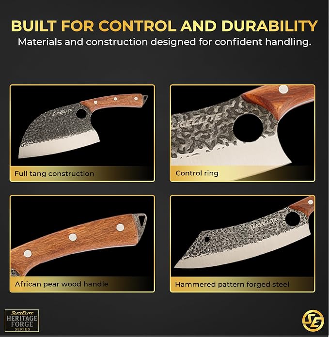 6 Piece Butcher Knife Set Leather Roll Father’s Day Gift For Dad Serbian Chef Viking Cleaver Boning Scimitar Kiritsuke Knives Hammered Pattern Forged Steel Meat Cutting Knives Kitchen Knife BBQ Prep
