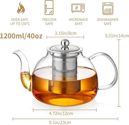 DOPUDO 40OZ (1200ML) Glass Teapot with Infuser Stovetop Safe, Clear Glass Tea Pot Kettle, Borosilicate Tea Pot with Infusers Filter for Loose Tea, Tea Kettle Dishwasher Safe.