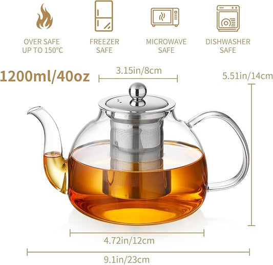 DOPUDO 40OZ (1200ML) Glass Teapot with Infuser Stovetop Safe, Clear Glass Tea Pot Kettle, Borosilicate Tea Pot with Infusers Filter for Loose Tea, Tea Kettle Dishwasher Safe.