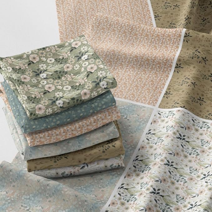 Patchwork Fabric Panel 100x155 cm, 100% Cotton Satin, 6 Coordinated Vintage Botanical Floral Patterns, Soft Sage Neutral Quilting & Sewing Fabric (Vintage Pastels, 6pcs 50x50cm)