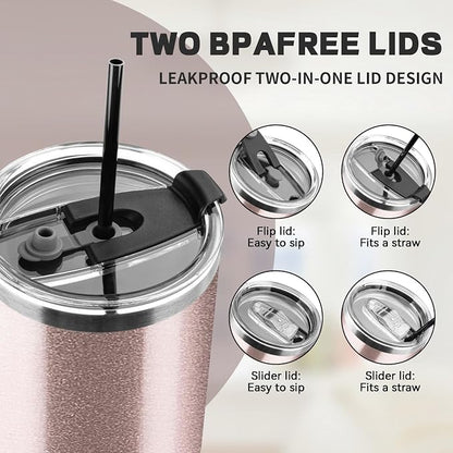 40 oz Tumbler with Lids and Straws, Stainless Steel Insulated Coffee Tumbler, Double Wall Vacuum Insulated Travel Mug Cup, Leakproof Thermal Coffee Cup for Hot and Cold Drinks (Rose Gold)