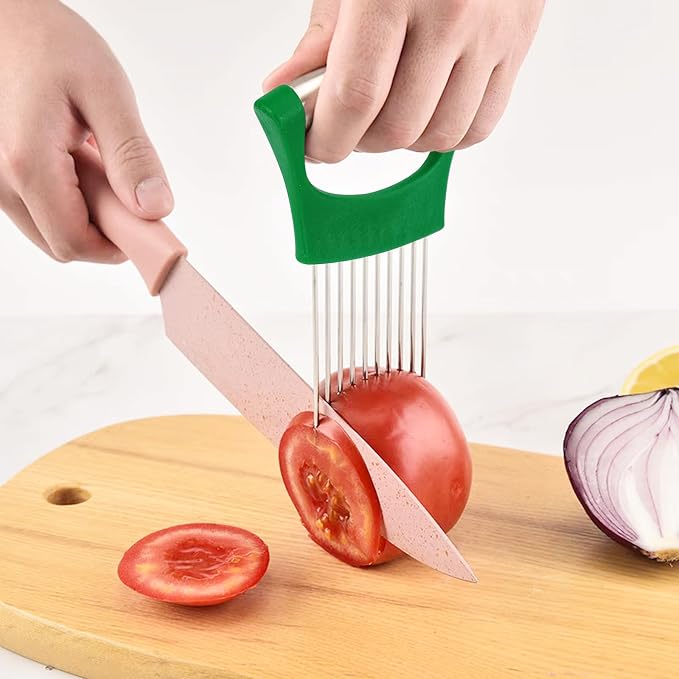 Green Stainless Steel Onion Holder for Slicing,Onion Slicer Holder, Onion Cutter for Slicing of Onions, Tomatoes,Avocados,Eggs and Other Vegetables,St. Patrick's Day Gift Kitchen Utensils (Green)