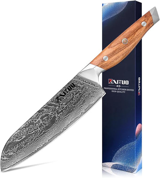 XITUO Damascus Steel Santoku Knife 7-Inch, Multi-Purpose Kitchen Knife with Olive Wood Handle – Razor Sharp Blade for Meat, Veggies & Sushi, Ideal Gift for Professional Cooks