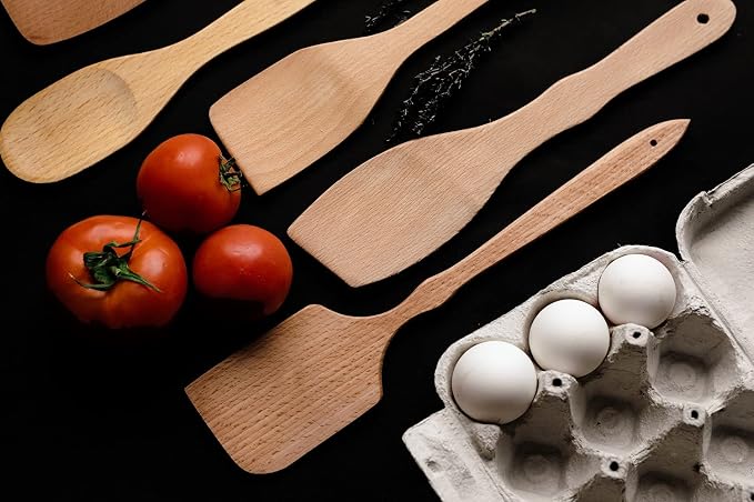 ECOSALL Nonstick Wooden Spoons For Cooking – 5 European Premium Spoons Set - 100% Healthy and Natural Wooden Spatula – Long Handled, Strong, Durable, Solid Wood Cooking Utensils for Everyday Cooking