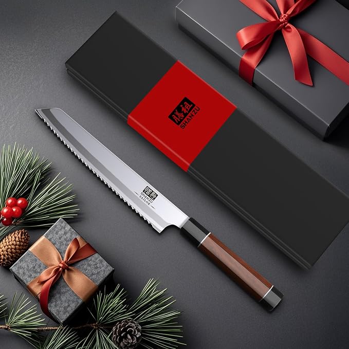 SHAN ZU 8 Inch Japanese Bread Knife, 9 Layers 10Cr15MoV High Carbon Steel Bread Knives for Homemade Bread, Sharp Sourdough Bread Knives Sashimi Knives, Long Serrated Bread Sashimi Knife