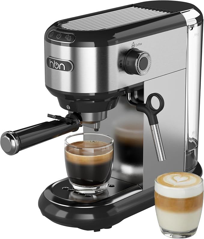 HBN 20 Bar Espresso Machine with Milk Frother, Compact Espresso Maker for Ground Coffee, Stainless Steel Coffee Machine with Steam Wand & 34oz Removable Water Tank, 1450W for Home & Office